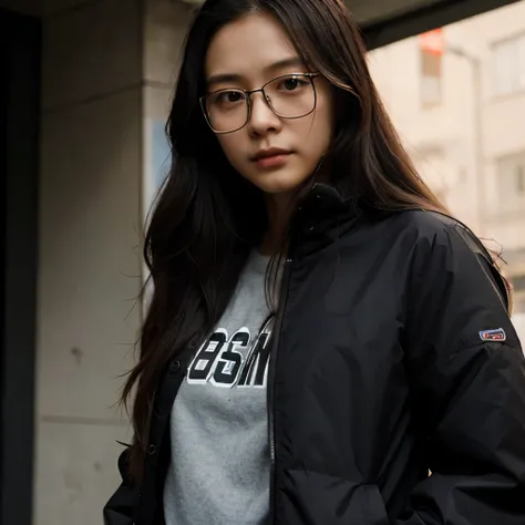 a girl standing outside, wearing glasses, in a black jacket, ((long hair)), a picture inspired by Zou Zhe, tumblr, realism, xintong chen, around 1 9 years old, qichao wang, huifeng huang, zhelong xu, xiaofan zhang, pengzhen zhang, zmonzheng, yihao ren, zez...