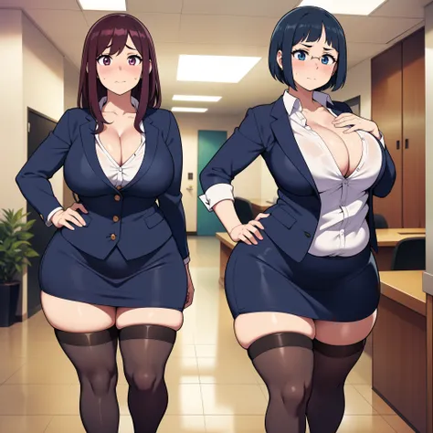 , ((highres)),Masterpiece, high quality, best quality, beautiful, perfect lighting, detailed face, ultra cute face, ((2girls)), embarrassed look, ((blush)), looking at viewer, hand on hip, standing in office, (office), daytime, dress shirt, pencil skirt, (...