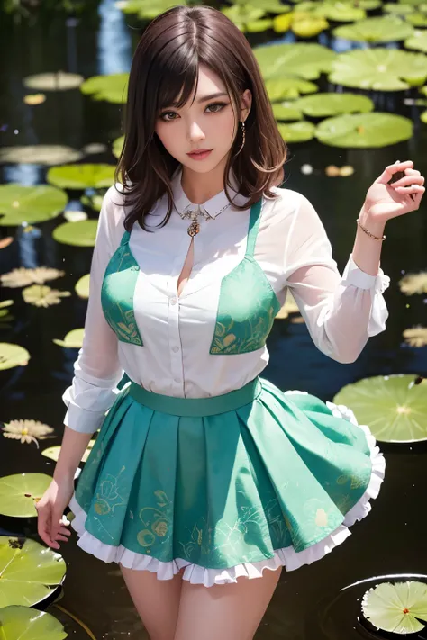 Kyoto Animation stylized anime ~ A Gorgeous brunette, white shirt, green flowery pattern skirt, walking along a lively pond with lily pads. Cinematic Lighting, ethereal light, intricate details, extremely detailed, incredible details, full colored, complex...