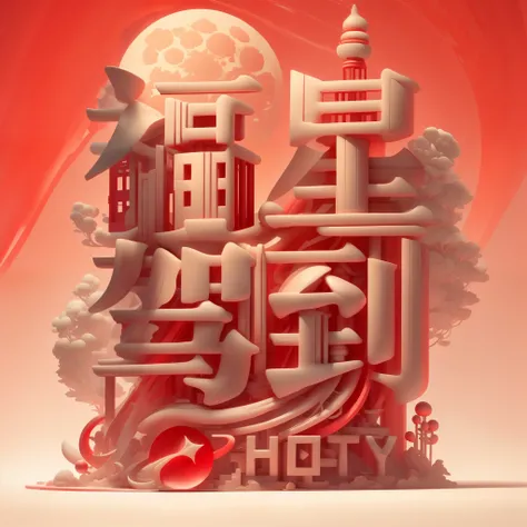 American chinese character on top of background,simple big red background(santan seal moon，Leifeng Tower,west lake，lotus),super detailed，high quality，gramophone record, Ray tracing，Beautiful chinoiserie，The golden curve，Sculpture