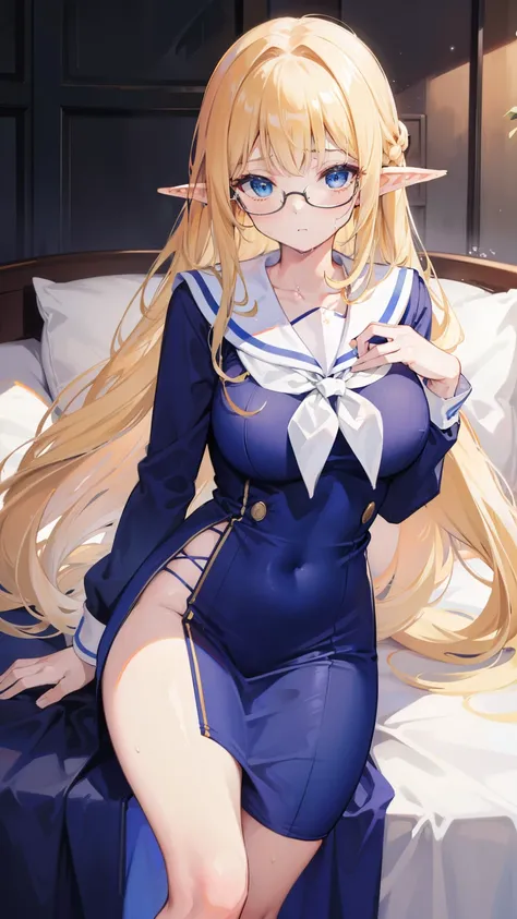 masterpiece, 8K, highest quality,girl,embarrassing, delicate hands,slender,blonde,long hair,straight hair,beautiful hair,blue eyes,big breasts,tits,elf ears,On bedding,Wet with sweat,sailor suit,glasses