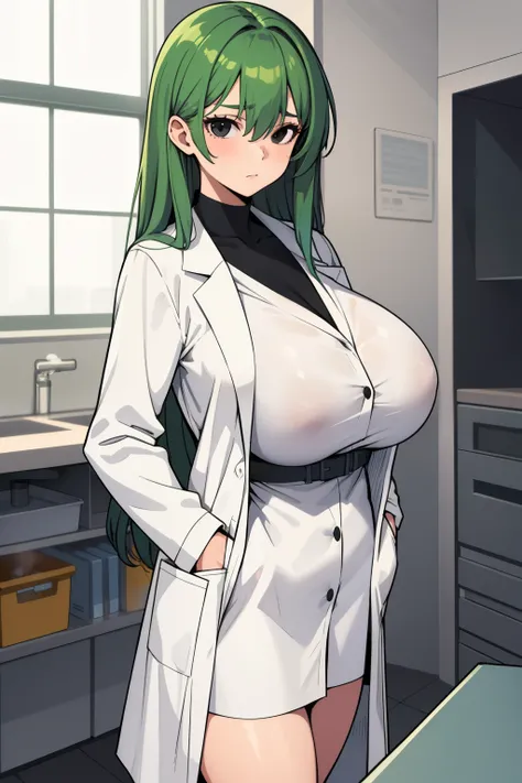 masterpiece, best quality,1girl, huge breasts,sagging breasts,green hair,messy hair,black eyes, lab coat,standing,laboratory.hand in pocket 