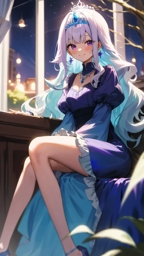 One girl with long wavy hair, bangs, white hair, blue inner hair:1.25) , purple eyes, looking at viewer, blushing, little smile, outdoor, tree, sitting, blue dress, tiara, puffy sleeves, tiara, earrings, necklace, bare legs, mid-chest, night atmosphere, ha...