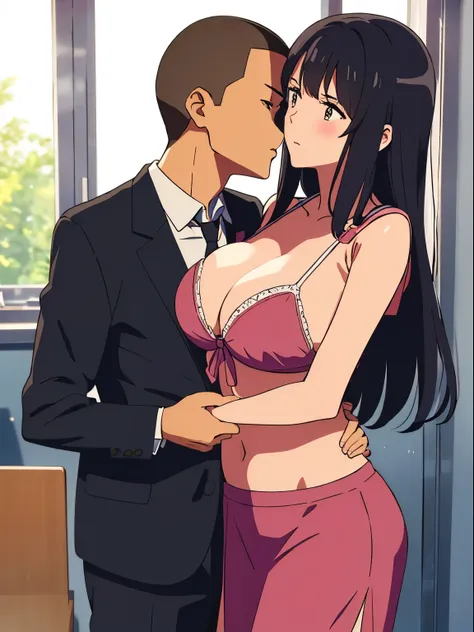 shinkai makoto, kimi no na wa., 1boy, buzzcut,office suit, boy caressing girls body, kiss cheeks, passionate hug, boy is hugging from behind, breast groping from behind, 1girl, bangs, black hair, brown eyes, Twisted Half Up, red ribbon, long hair, yellow b...