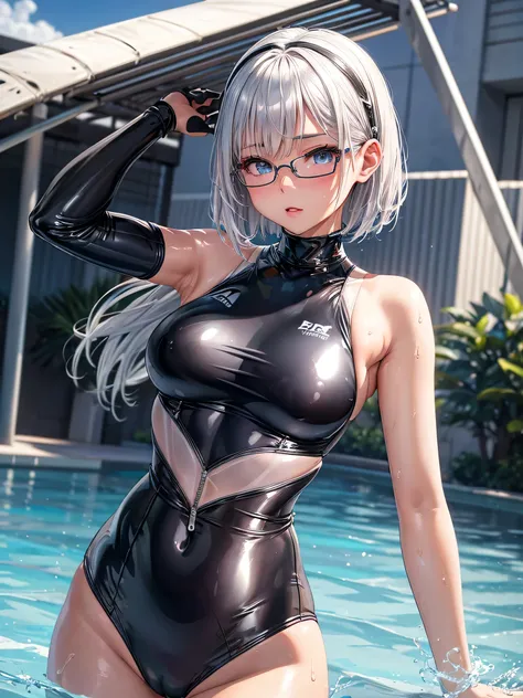 best image quality、8K、UHD、pieces fly、cute eyes、silver hair、Glasses、latex high neck swimwear、latex high neck school swimwear、short hair、短髪のsilver hair美女、wet skin、