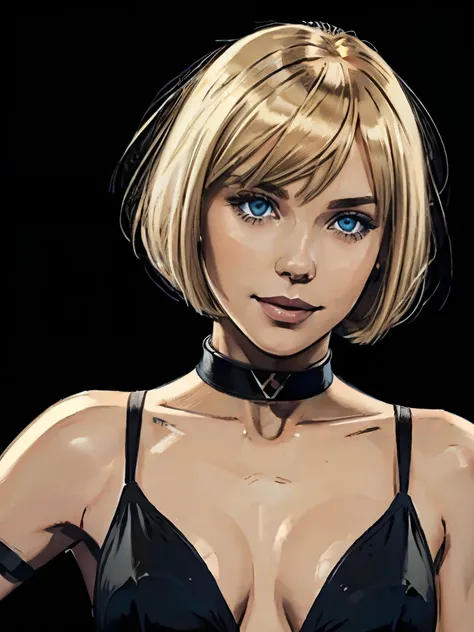 one european girl, bust, solo, upper body, blonde hair, blue eyes, bob cut, bob haircut with straight bangs, choker, pale skin, bikini, masterpiece, highly detailed, look at viewer, expressing joy, black background, smile, camera from the front