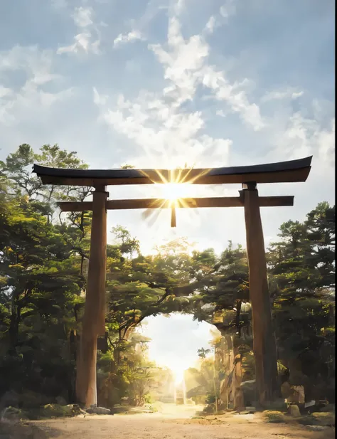 The sun shines through the gate and the clouds, toriiの隙間から太陽の光, ray of lights,centered torii, Works inspired by Sesshu Toyo,日本のtorii, A bridge that runs from the center of the screen to the back,Trees such as pine and zelkova on the left and right of the b...