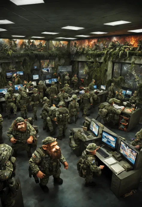 Create a highly detailed, photorealistic image of a modern military recruitment center in full chaos, led by a gnome officer. The scene features anthropomorphic animals and fantasy creatures, all in pixelated camouflage uniforms, amidst a bustling atmosphe...