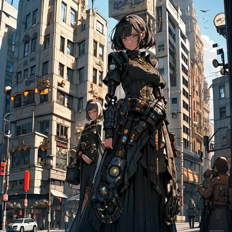 There&#39;s a robot standing on the street, wearing a detailed steampunk dress, Cinematic style photography,  Inspired by Jean Tabor, terminal, Fish man々, Photo taken in 2008, Ian McCaig, Humanized, 5 0 0 pixel model, promotional photos, 1 9th century phot...