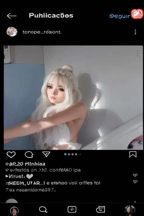 um close de uma pessoa com um vestido branco em um telefone celular, longos cabelos brancos e franja, her hair is white, franja branca, cabelo com franja branca, ava max, parece uma mistura de sujeira, she parece uma mistura de sujeira, imagem de perfil, c...