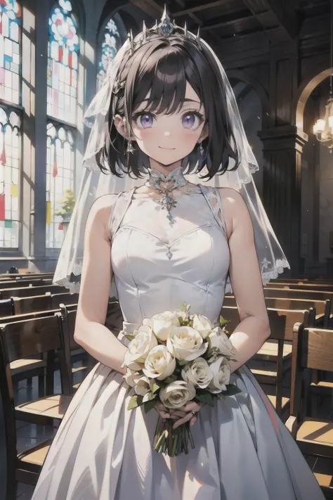 （masterpiece），（highest quality），（very detailed），（enlightenment），（ultra high resolution）, black hair, Anime adult woman wearing a white wedding dress, anime style, 2D rendering of an anime adult woman, realistic young anime adult woman, Smooth anime CG art,...