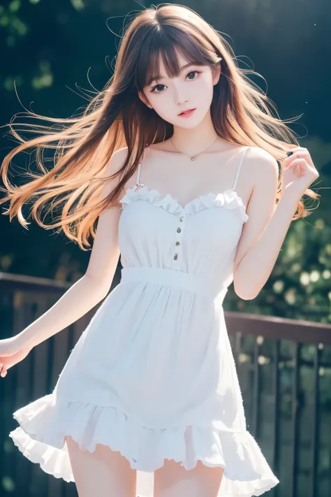 best quality, 32k, RAW photo, incredibly absurdres, extremely detailed, delicate texture, neat and cute girl, 18 years old, shy, a frilly, fluffy pure white dress like an idols, skirt lift, perfect body line, beautiful glossy hair, wind, professional light...