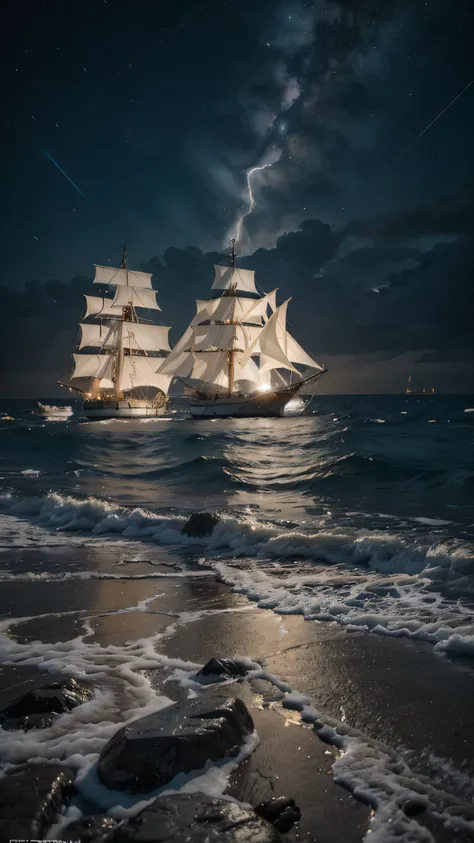 raw photo, large sailboat in the ocean off the coast ,on the shore there are palm trees and rocks and stones,изумрудная water,splatter ,water,ice,Snowfall,Element ,fantastic planets in the sky,"in the background there is a dark sky with lightning", nebula,...