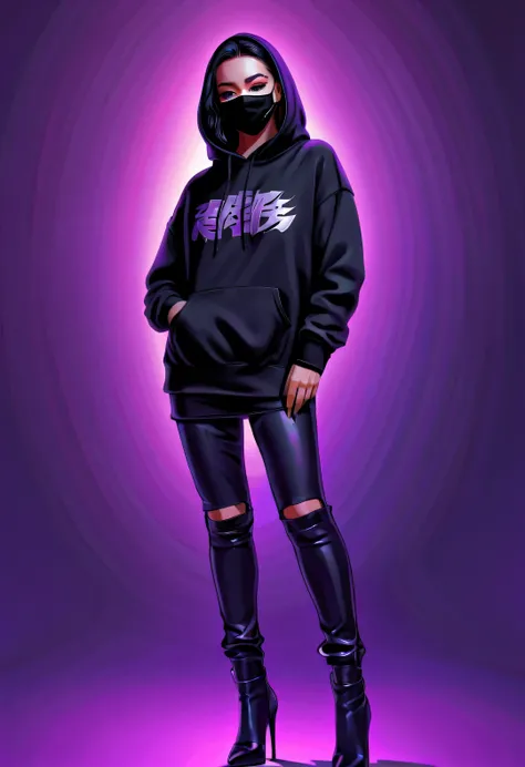 Vector illustration, Minimalism, number, vaporwave style, Beautiful and meticulous illustrations, A little more purple，
front，（whole body），Wearing a black hoodie with a crow pattern、Beautiful girl wearing face mask smiling and standing upright, very long，（...