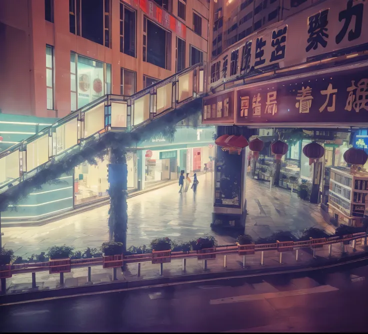 there is a street，there are a lot of shops，people are walking, the streets of hong kong, chinatown blade runner, in the heart of...