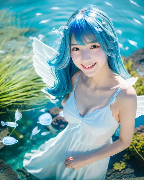 cute japanese girl　Godess of Water　Angel　(Standing on the surface of clear blue spring water:1.5)　(Detailed blue hair:1.3)　beautiful, intricately messy long hair　happy smile　魔法のようなbeautiful目　smooth soft skin　Detailed and perfect clavicle　緻密で艶のあるbeautiful胸元...