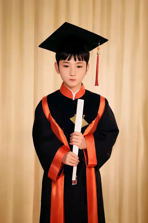 arafed photo of a boy in a graduation gown holding a diploma, graduation photo, wearing an academic gown, li zixin, cai xukun, mingchen shen, wenjun lin, jinyiwei, yihao ren, yanjun chengt, wu liu, zezhou chen, xintong chen, kid, xiaofan zhang, qiu fang