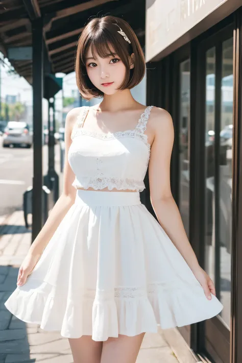 best quality, 32k, RAW photo, incredibly absurdres, extremely detailed, delicate texture, neat and cute girl, 18 years old, shy, a frilly, fluffy pure white dress like an idols, skirt lift, perfect body line, beautiful glossy short bob hair, wind, professi...