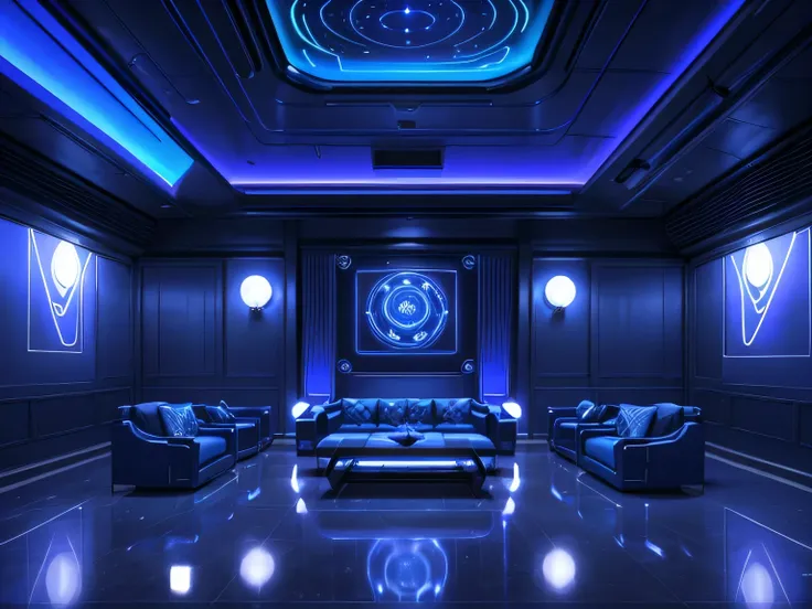 a space drenched in cobalt blue, with trippy lights and chill vibes. Symmetry is key here, with everything from the decor to the seating arranged in a way thats pleasing to the eye. Were talking geometric patterns, clean lines, and a touch of futurism. Tru...