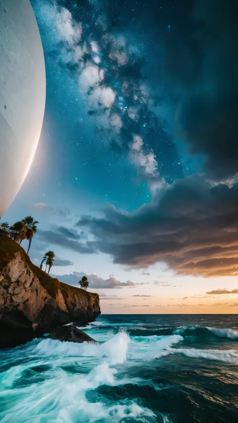 raw photo, large sailboat in the ocean off the coast ,on the shore there are palm trees and rocks and stones,изумрудная water,splatter ,water,ice,Snowfall,Element ,fantastic planets in the sky,"in the background there is a dark sky with lightning", nebula,...