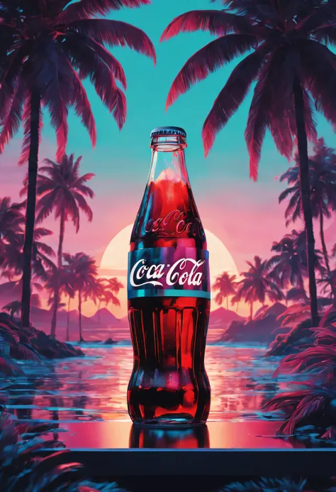 (best quality, high resolution, Super detailed, actual:1.37), Vaporwave aesthetic style Coca-Cola advertisement, 1 girl, 80s nostalgia, neon lights, Retro color, Retro CRT effect, Fault art, dreamy atmosphere, Palm tree, Sunset, Summer vibe, 3D rendering g...