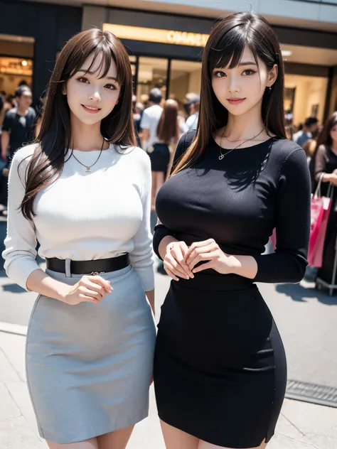 (Best Quality, Masterpiece, Photo realistic, Ultra Detailed, ultra high res, raw:1.3), (2 girls:1.3), beautiful, Japanese, mature, 28yo, (tight knit, pencil skirt), (smile), long hair, bangs, high-waist, necklace, shopping mall, cowboy shot, good thigh, (b...