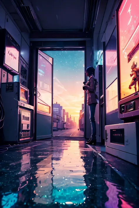 (best quality,4k,8k,highres,masterpiece:1.2),ultra-detailed,(realistic,photorealistic,photo-realistic:1.37),vaporwave aesthetic,purple-pink color palette,glitch effects,neon lights,misty atmosphere,surreal scenery,retro vibe,nostalgic feeling,80s-inspired,...