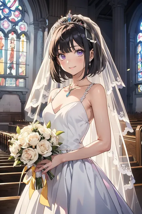 (masterpiece),(highest quality),(very detailed),(enlightenment),(ultra high resolution), black hair, Anime adult woman wearing a white wedding dress, anime style, 2D rendering of an anime adult woman, realistic young anime adult woman, Smooth anime CG art,...