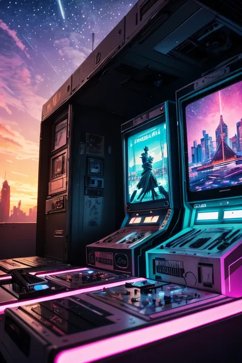 (best quality,4k,8k,highres,masterpiece:1.2),ultra-detailed,(realistic,photorealistic,photo-realistic:1.37),vaporwave aesthetic,purple-pink color palette,glitch effects,neon lights,misty atmosphere,surreal scenery,retro vibe,nostalgic feeling,80s-inspired,...