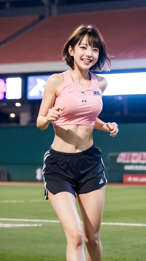 The beauty of 8K raw photos:2.0, short hair, 25 years old, great face and dark eyes, stare at the camera, smile full of joy:1.6, show teeth,, dynamic pose, model&#39;stance of, （Pink sportswear:1.2)、wear sneakers:1.4, realistic:1.9, very detailed CG 統合 8k ...