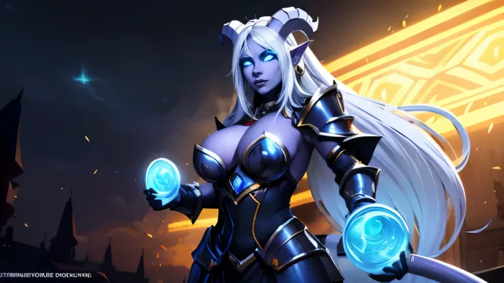 draenei, glowing eyes, colored sclera, tail ornament, hooves, plae blue skin, yellow eyes, white hair, paladin, heavy armor, long hair, rich bacground, wallpaper, looking at the camera