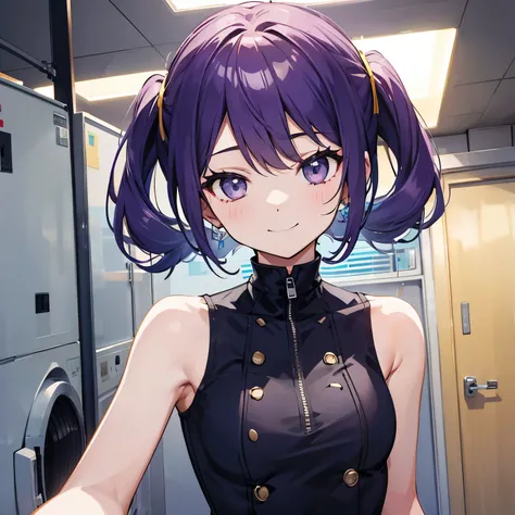 (T Masterpiece，4k wallpaper，best quality))、((girl１people))、(solo)、Brilliant，(purple hair)、(shortcut:1.3)、smile、clothes dryer