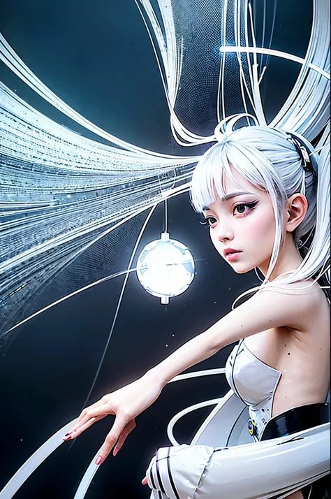 A photograph of mid-twenties Japanese female android made of shiny white and silver translucent glass and plastic, geisha makeup and hairstyle, silver metal internal body mechanisms, dynamic pose, flowing organic construction, glowing golden circuitry, col...