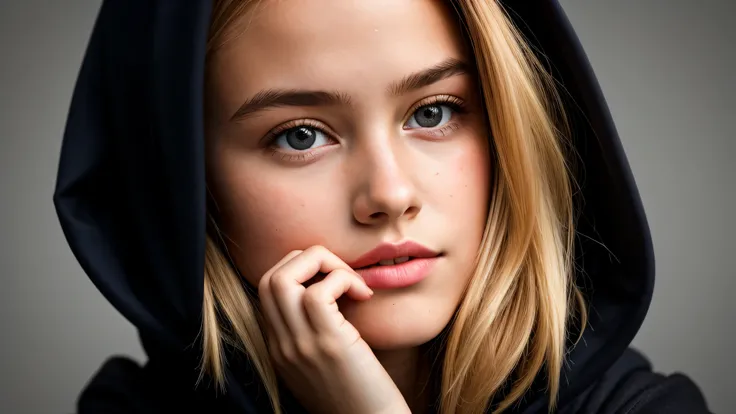 KIDS GIRL BLONDE in a black hoodie holding her head in her hands, KIDS girl wearing hoodie, in a black hoodie, close up portrait photo, gorgeous young model, in a hoodie, portrait black and white portrait, wearing a black hoodie