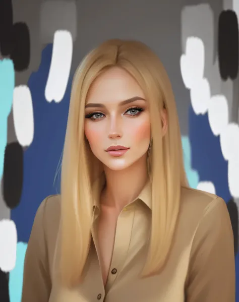 close-up of a woman with blond hair and a beige blouse, digital portrait, portrait art, Digital painting, apply strokes to the wall behind, oil painting, portrait in digital painting styles, the hair is clearly drawn, Good quality, short dark hair, Alexand...