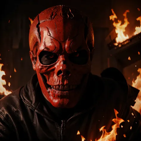 Skull face with flames (red skull), portrait, cinematic, background explosions in fire, 4k, ultra realistic, photorealism, black vignette, high sharpness, vivid colors, detailed, high quality, hd, photo