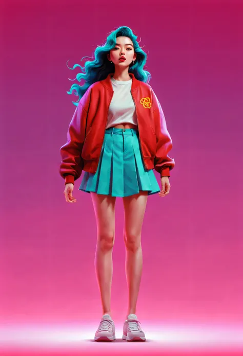 Vector illustration, Minimalism, number, vaporwave style, Beautiful and meticulous illustrations, Red，cartoon，Pixar，
front，（whole body），穿着Red卫衣的美丽中国龙微笑的站的笔直, The legs are long，（Extra long flying hair）， ，dramatic lighting, Trends on ArtStation, Award-winnin...