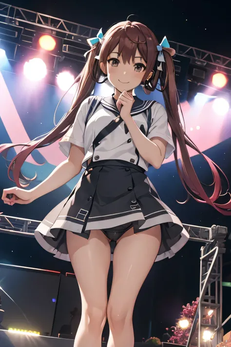 Asagumo KC, (hair) ribbon, underwear, panties,  headset, sing, shoes, 長hair, twin tails, 茶hair, full body shot, Low - Angle, smile, front, (outdoor, outdoor stage, on stage, audience),