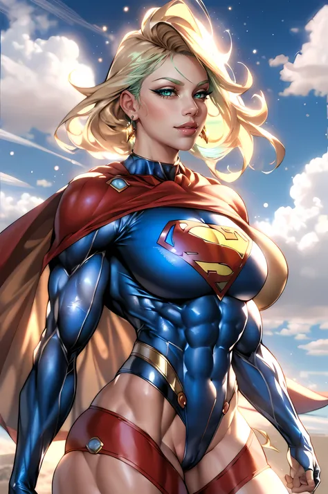 nijistyle, cowboy shot of supergirl, blonde hair, cape, particles, clouds, sky , ((NSFW)), (((accurate anatomy))), ((wide hips)), (((Huge breasts))), ((long legs)), (((Massive Female Bodybuilder))), ((((Muscular Legs)))), (((((Huge Muscles)))))