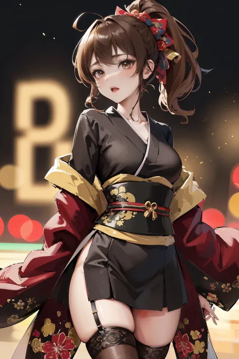 "anime girl, 1 person, dark brown hair, ponytail, ponytail, hairpin, brown eyes, kimono, dark brown kimono, elaborate patterned outfit, stockings, large breasts, blushing  , solo, view from different directions, night, festival, New Years Eve fireworks, wa...