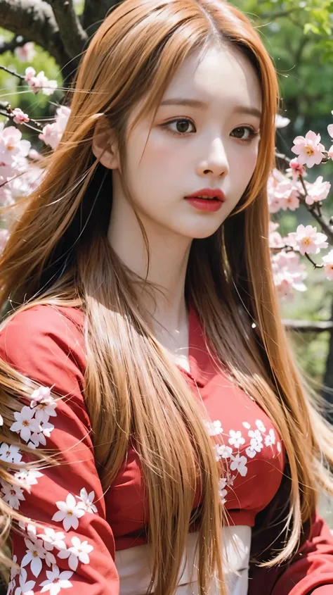 Close up a woman long blonde hair wearing red crop top shirt in the sakura forest 