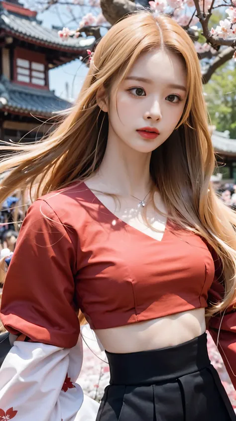 Close up a woman long blonde hair wearing red crop top shirt in the sakura forest 