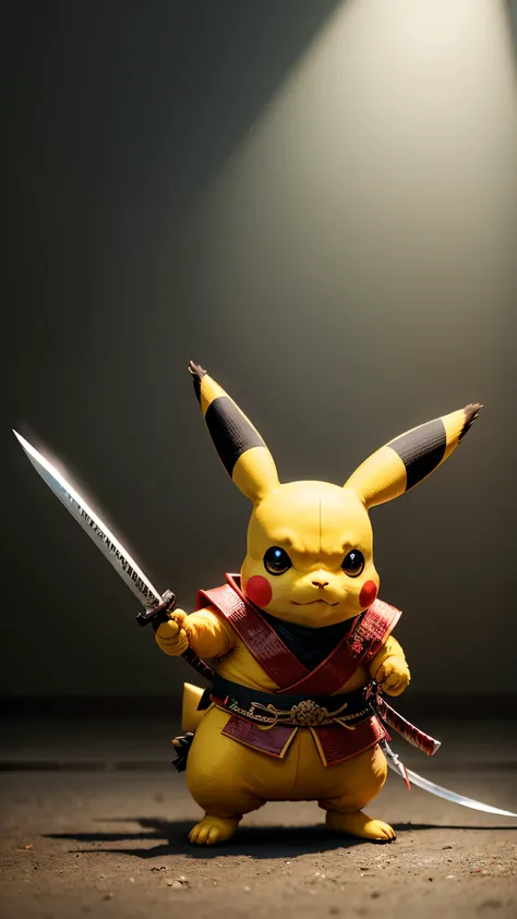 Pikachu as a samurai, personification, has a sword, Samurai armor. electric shock