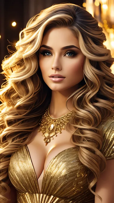 Queen of the winter, intricate details, big tits, blond wavy hair, rays of god, gold jewelery, glamour photo, realistic photo