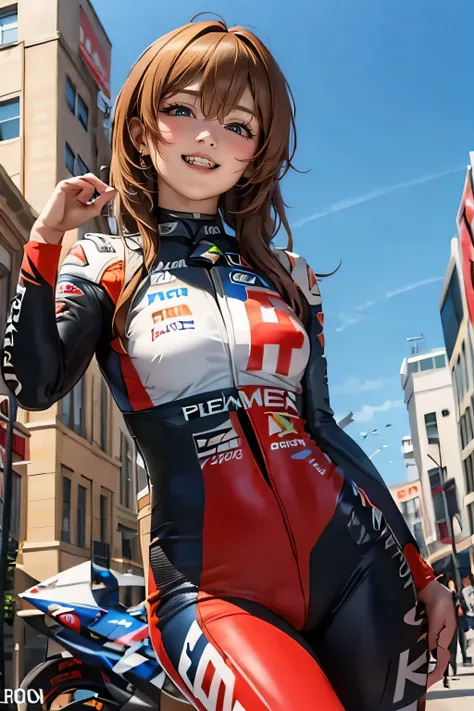 angle from below, cosplay motogp on the street downtown, smile