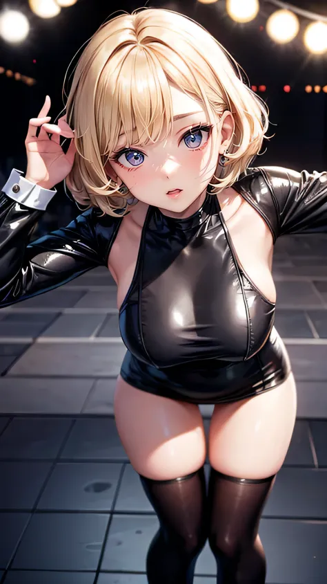 korean idol　mature woman　((Chubby round face arafe))　big breasts　blonde short hair　wavy hair　fancy makeup　Gloss pink lips　Sexy gaze　Glossy Enamel Leather Black Bodycon Dress、black stockings　(fancy lighting stage)　Gorgeous atmosphere woman　((Clothes))　Looki...