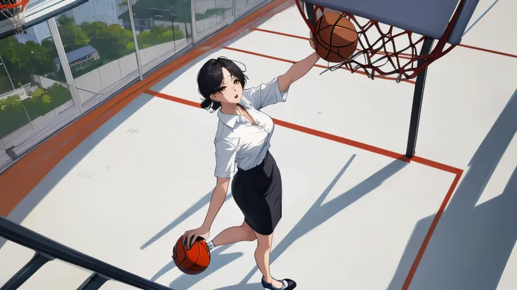 ((play basketball)),an office lady jumps and (drive dunk),outside,charming and mature girl with korean webtoon style.she wears s...