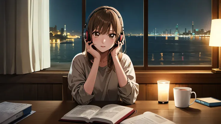 masterpiece, highest quality, high resolution, achinatsu, medium hair, girl studying in a cozy room at night, use headphones, 2d...