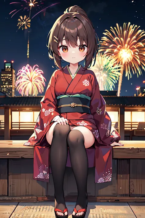 "anime girl, 1 person, dark brown hair, ponytail, ponytail, hairpin, brown eyes, kimono, dark brown kimono, elaborate patterned outfit, stockings, large breasts, blushing  , solo,chibi,full body, view from different directions, night, festival, New Years E...