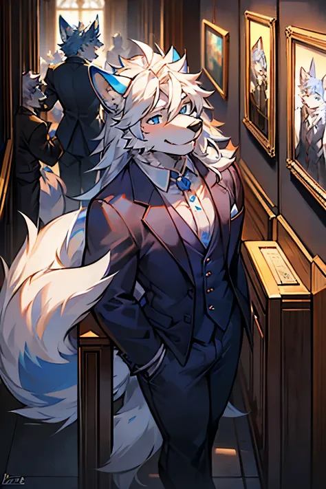 the only person，hairy male，hairy body，exhibit，Coyotes，canine，blue and white fur，long white hair，The ends of the hair are purple，Blue eyes，being bullied，Lovely，Handsome，big tail，Full body male love，business suit，in company，Single eyes